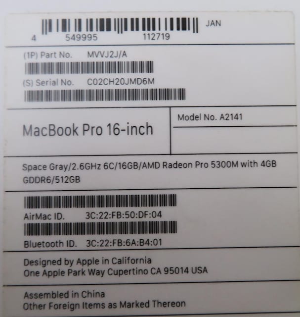 @Apple MacbookPro 16C` A2141@Ci7-2.6G/16GB/512GB   PC{/Ӌ@ 