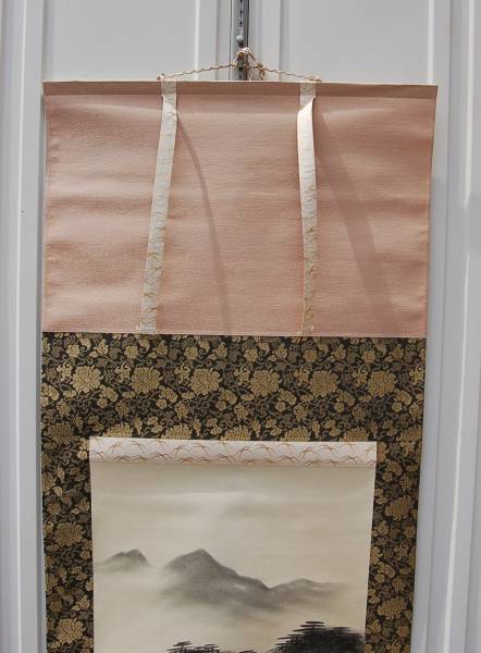 掛軸　青緑山水　彩色山水　平野麦秋 大特価出品！評価31万円 掛軸 青緑山水 山中に藁葺き家 麦秋氏
