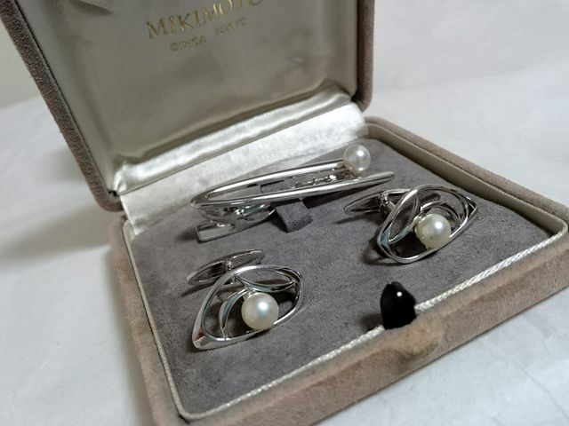 ミキモト パール×シルバー タイピン＆カフス セット 008【ミキモト】シルバー パール 菊紋 タイピン カフス セット